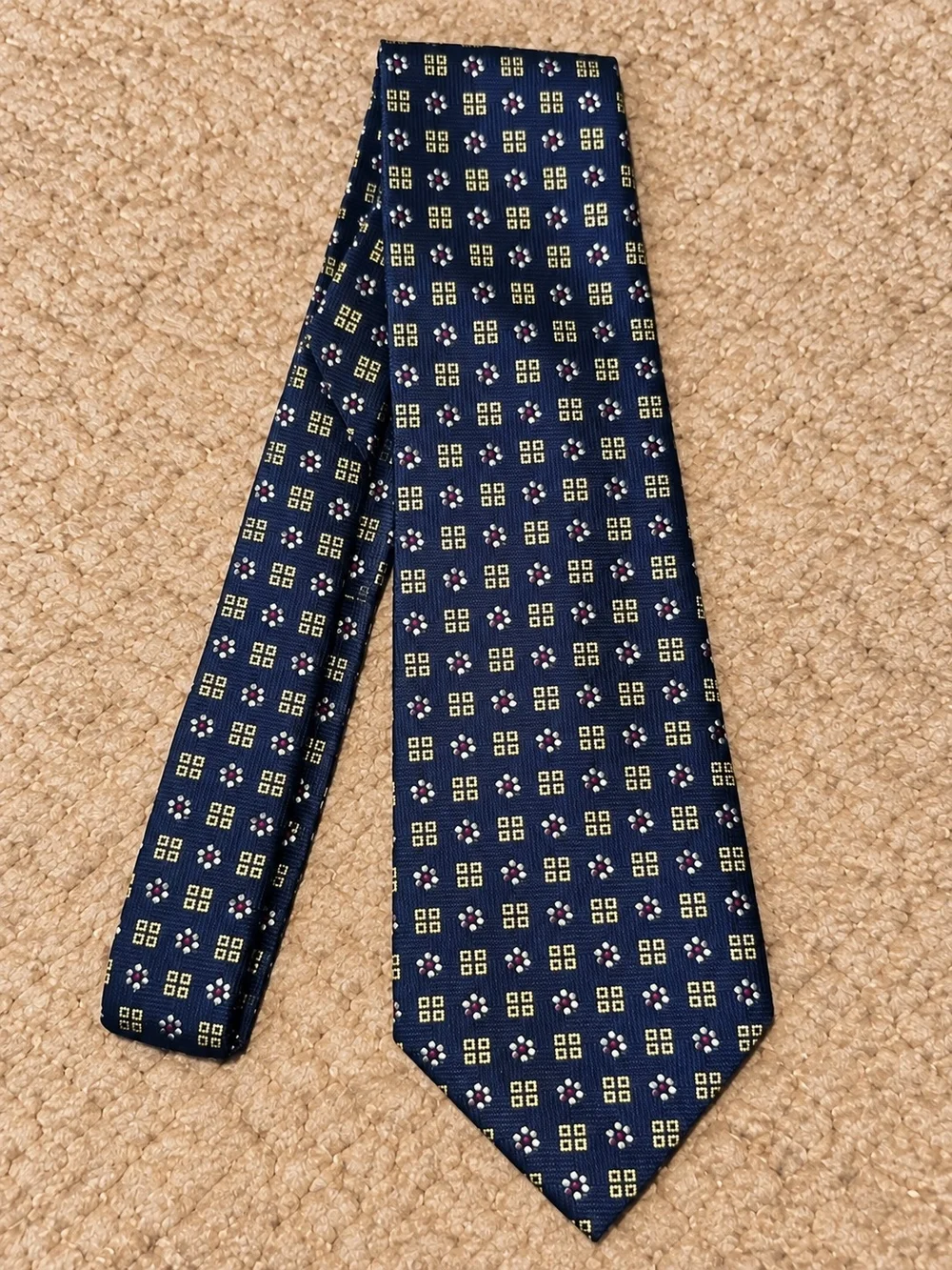 Barneys New York 100% Silk Navy Gold Geometric Floral Italian Tie